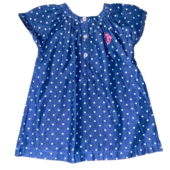 U.S. POLO Assn Dress 24 Months Baby Girl Polka Dot Blue Pink Shirt Denim EUC - Picture 1 of 4